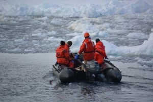 Scientists and ASC Marine Technicians head out on the zodiac to collect ice samples near the West Antarctic Peninsula. Pictured from left to right: Kevin Arrigo (Professor at Stanford), John Betz (ASC Marine Lab Technician), Tom Sigmond (ASC Marine Technician), Yussi Delgado (PhD student at Monash Univeristy, Australia), John Butterfield (Master's student at Stanford). Credit: Hannah Joy-Warren